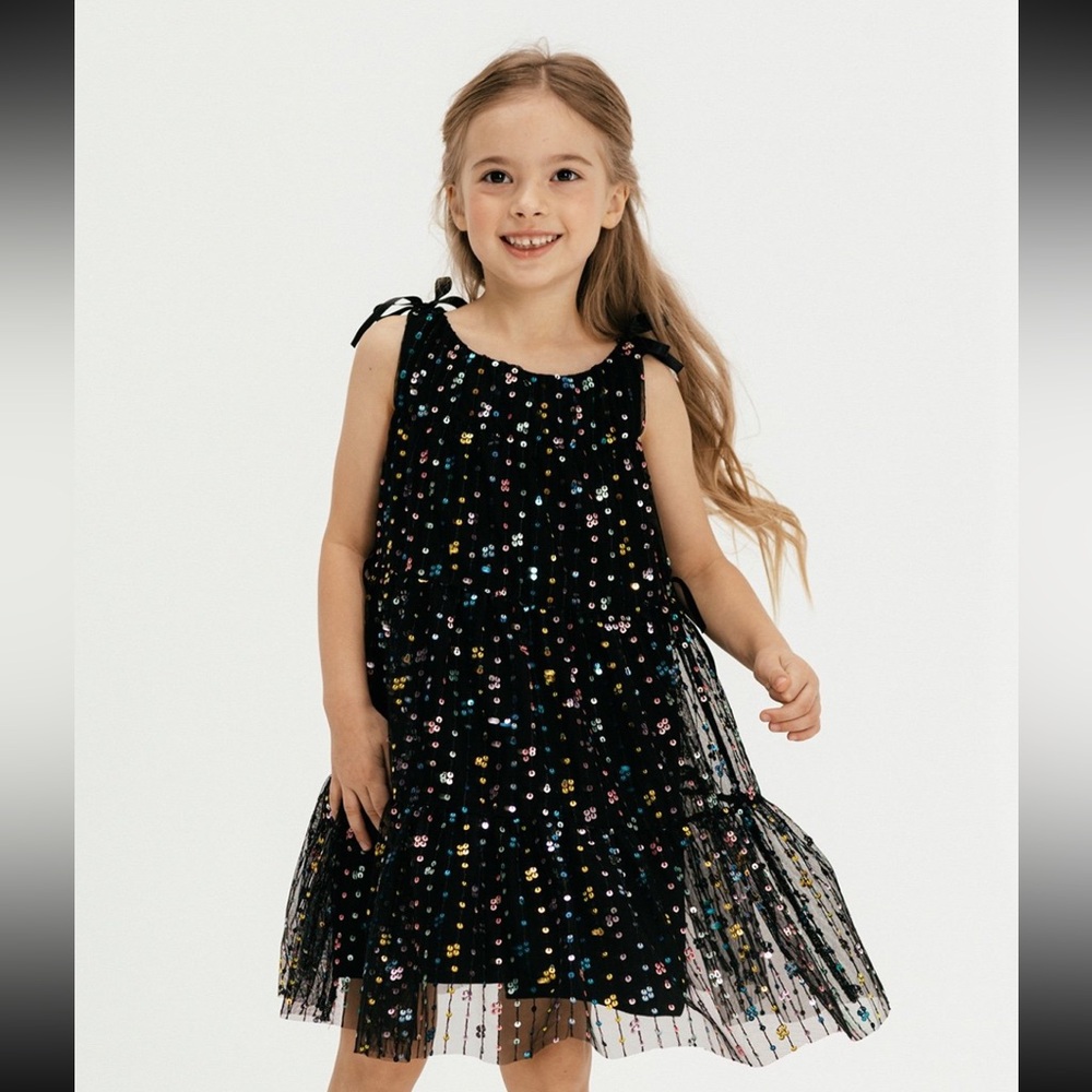 Zara Girls' Black Sequin Tie-Shoulder Party Dress Sz 13-14